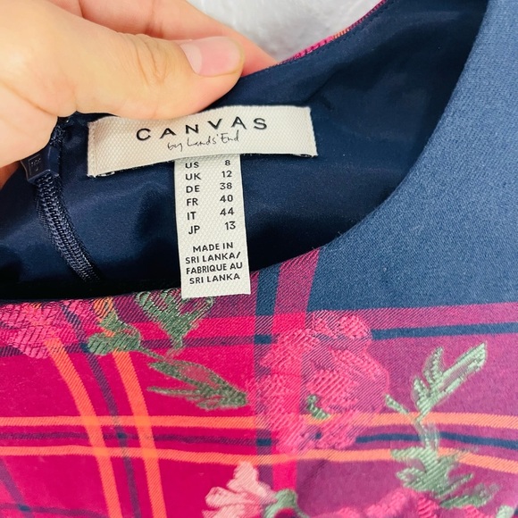 Lands’ End Canvas Red Blue Plaid Floral Embroidered Circle Fit & Flare Dress - Picture 3 of 6